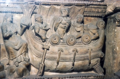 Etruscan Relief on funerary Urn, Odysseus (Ulysses) bound to mast with Sirens, c4th century BC. Artist: Unknown.
