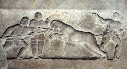 Stone relief ofStone relief of Gladiators fighting a lion, Turkey, c 323BC-31BC Artist: Unknown.