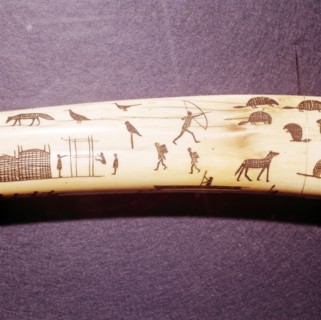 Eskimo Scene Detail of engraved walrus tusk, Western Eskimo. 19th Century.  Artist: Unknown.