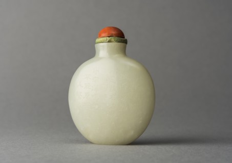 Jade snuff bottle with plum tree and characters on reverse, China, Qing dynasty, 1644-1911. Creator: Unknown.