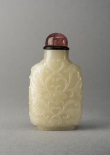 ade snuff bottle with carving of foliage, China, Qing dynasty, 1644-1911. Creator: Unknown.