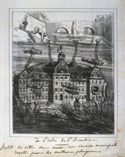 Cartoon proposal to rebuild the Hotel de Ville under water to prevent fire, Paris Commune, 1871.  Artist: Anon