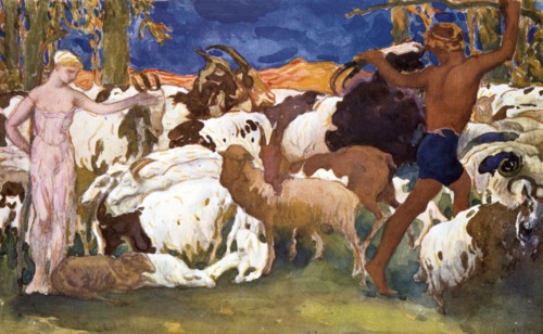 Set design for a Ballets Russes production of Ravel's Daphnis et Chloe, 1912. Artist: Leon Bakst