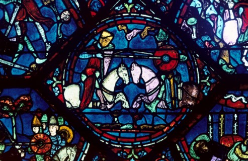 Combat between Roland and King Marsile, stained glass, Chartres Cathedral, France, 1194-1260. Artist: Unknown
