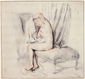 'Nude woman sitting on a chaise longue, putting on her shirt', 18th century.  Artist: Jean-Antoine Watteau