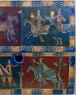 Knights on horseback and king with a falcon, 12th century. Artist: Unknown