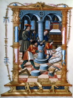 Masons building a pillar in a church, c1525. Artist: Unknown