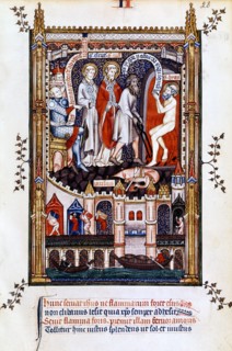 St Denis is thrown into the furnace, 1317. Artist: Unknown