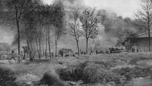 A farm on fire from German incendiary bombs, Artois, France, World War I, 1915. Artist: Unknown
