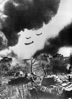 Soviet tanks and aircraft launching an attack, Russia, 1943. Artist: Unknown