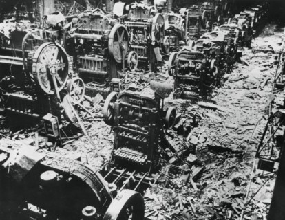 Bomb damage at a Renault factory, Sevres, Paris, 4 April 1943. Artist: Unknown