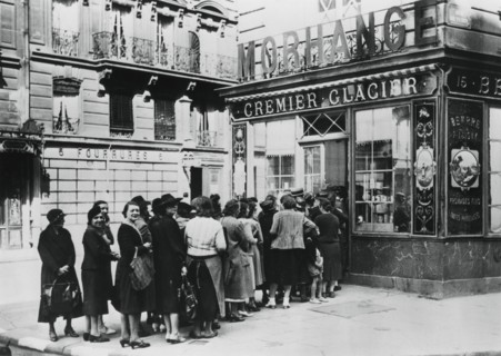 Queue of women outside a dairy shop, German-occupied Paris, 28 June 1940. Artist: Unknown