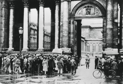Queue outside the Bureau of Information for civilians in the Chamber of Deputies, Paris, July 1940. Artist: Unknown