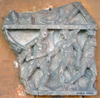 A bas-relief of a fight between Secutor and Retiarius, 3rd century, Rome. Artist: Unknown