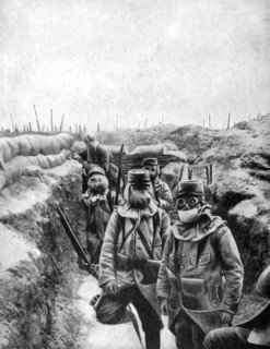 French soldiers in improvised gas masks, 1915. Artist: Unknown