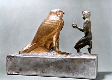 Taharqa in front of the falcon Hemen, Ancient Egyptian, 7th century BC. Artist: Unknown