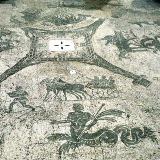 Mosaic, Carts pulled by mules with travellers, Cisarii. c1st Century Artist: Unknown