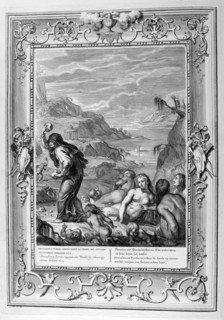 Deucalion and Pyrrha repeople the world by throwing stones behind them, 1733. Artist: Bernard Picart