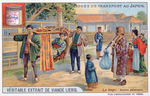 Modes of transport in Japan, the Kago, 19th century. Artist: Unknown