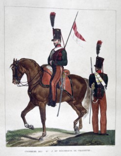 Uniforms of the mounted 9th and 10th chasseur regiment, 1823.  Artist: Charles Etienne Pierre Motte