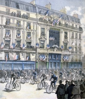 Start of the Paris-Brest-Paris cycle race, 1891. Creator: F Meaulle.
