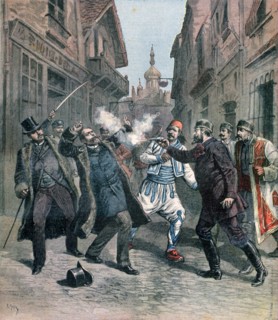 Assasination of M Beltchef in the presence of Mr Stambouloff, Bulgaria, 1891. Creator: Henri Meyer.
