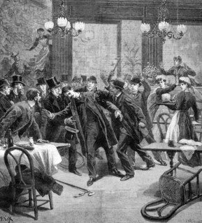Attack against M Georgewitch, minister of Serbia in Paris 1893. Creator: Frederic Lix.