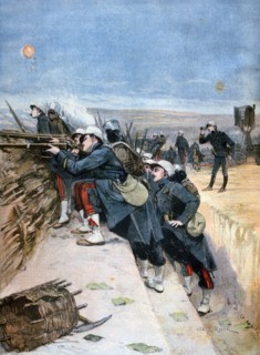 French soldiers on trench warfare manoeuvres, 1894. Artist: Lionel Noel Royer