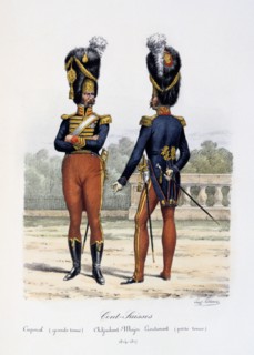 'Cent-Suisses, Caporal (grande tenue), Adjudant-Major Lieutenant (petite tenue)', 1814-17 Artist: Eugene Titeux