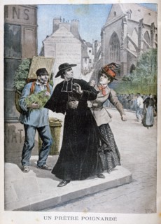 A Catholic priest is stabbed by a woman on the street, France, 1897. Artist: Henri Meyer