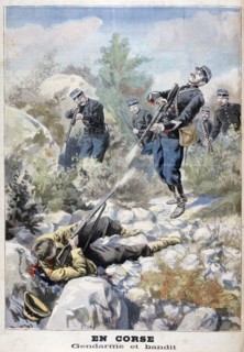 A gun battle between a bandit and the gendarmerie, Corsica, 1898. Creator: F Meaulle.