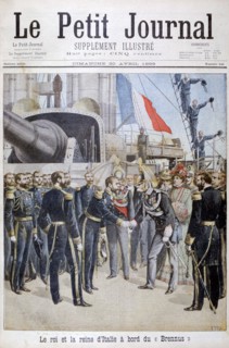 The king the queen of Italy on board the French battleship 'Brennus', 1899. Artist: Henri Meyer