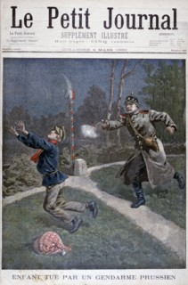 A boy shot by a Prussian gendarme escaping from a correctional facility, 1900. Artist: Unknown