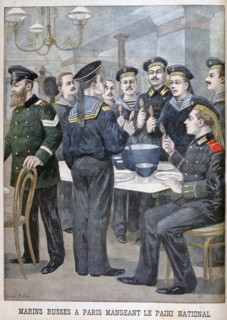 Russian marines eating 'paiki' in Paris, 1900. Artist: Joseph Belon