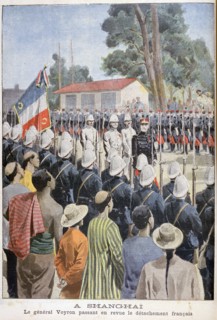 General Voyron reviewing French troops, Shanghai, 1900. Artist: Unknown