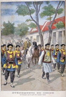 A foreigner under the guard of regular Chinese army, China, 1900.  Artist: Oswaldo Tofani