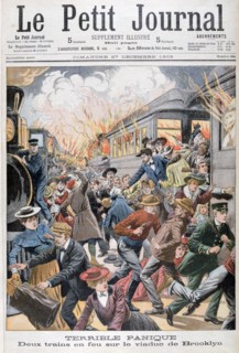 Two trains on fire on the Brooklyn Bridge, 1903. Artist: Unknown