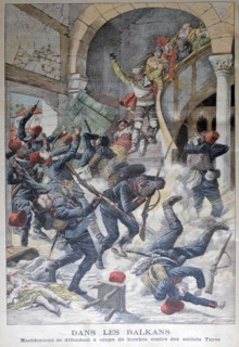 In the Balkans: Macedonians defending themselves with bombs against Turkish Soldiers, 1903. Artist: Unknown