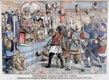 The Emperor being shown heads of Mandarins suspected of supporting the Russians, China, 1904. Artist: Unknown