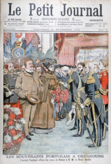 King and Queen of Portugal, presented with flowers by Admiral Touchard, 1904. Artist: Unknown