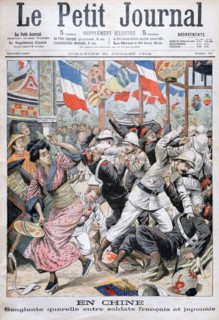 Fight between French and Japanese soldiers during the Russo-Japanese War, China, 1904. Artist: Unknown