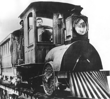 American inventor Thomas Alva Edison on board an electric railroad, 1892. Artist: Unknown