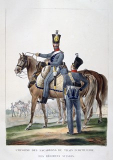 Uniform of a squadron of horse artillery train of a Swiss regiment, France, 1823.  Artist: Charles Etienne Pierre Motte