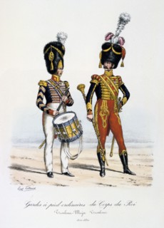 Gardes a pied ordinaires du Corps de Roi, Drum Major and Drummer, 1822-30 Artist: Eugene Titeux