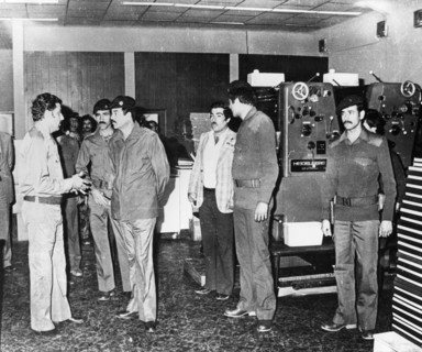 Saddam Hussein visiting a state paper press, Baghdad, Iraq, 1986. Artist: Unknown