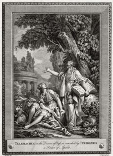 'Telemachus, in the Desert of Oasis, is consoled by Termosiris a Priest of Apollo', 1774.Artist: Charles Grignion