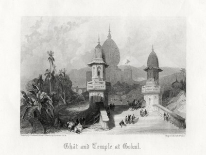 'Ghat and Temple at Gokul', India, c1838.Artist: R Wallis