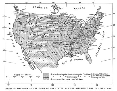 Dates of admission to the Union of the States, and the alignment for the civil war, 1933. Artist: Unknown