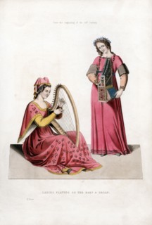'Ladies Playing on the Harp and Organ', early 14th century, (1843).Artist: Henry Shaw