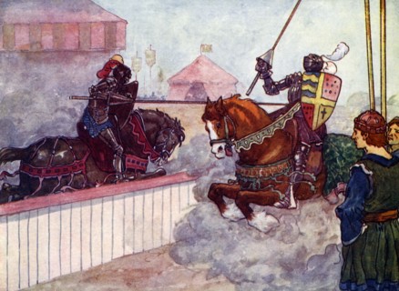 'The Count rode again and again at Edward till his lance was splintered in his hand', c1270, (1905).Artist: A S Forrest